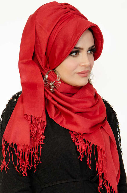 Açık Bordo Şapkalı Şal