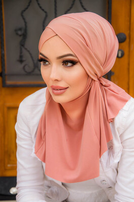 Açık Gülkurusu Çapraz Bantlı Medium Size Hijab - Thumbnail