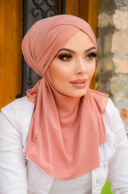 Aişe Tesettür - Açık Gülkurusu Çapraz Bantlı Medium Size Hijab (1)