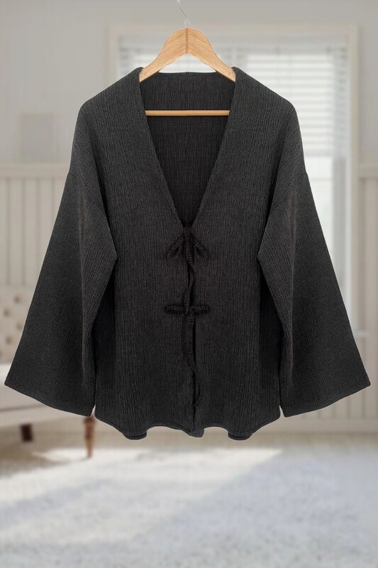  - Antrasit Bürümcük Önü Bağlamalı Kimono Tunik / Likralı Ütü İstemezKumaş (1)