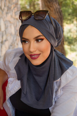 Aişe Tesettür - Antrasit Çapraz Bantlı Medium Size Hijab - Hazır Şal