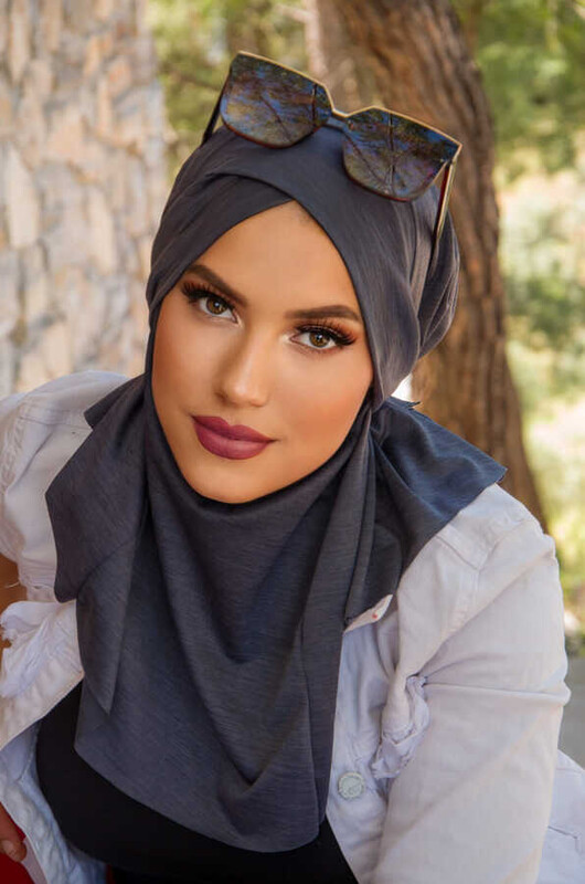 Antrasit Çapraz Bantlı Medium Size Hijab - Hazır Şal - Thumbnail