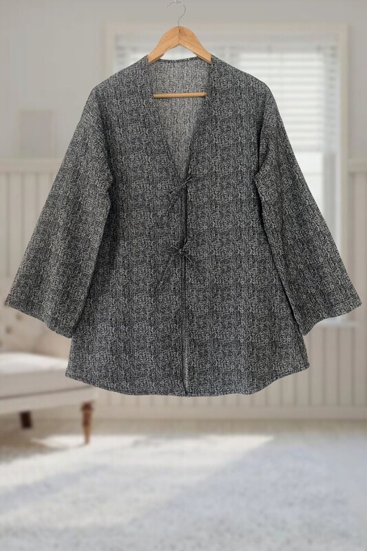  - Antrasit Kırçıllı Önü Bağlamalı Kimono Tunik / Likralı Ütü İstemez Kumaş