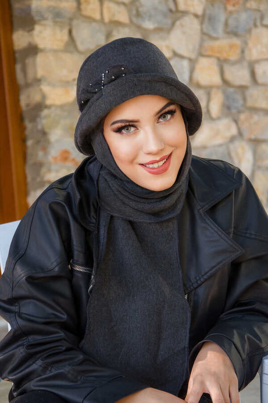  - Antrasit Taşlı Aksesuarlı Vintage Şapka (1)
