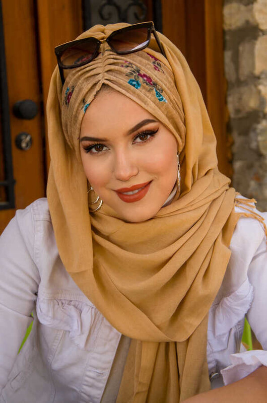 Başak Sarı Mavi Çiçek Desen Hazır Şal - Thumbnail
