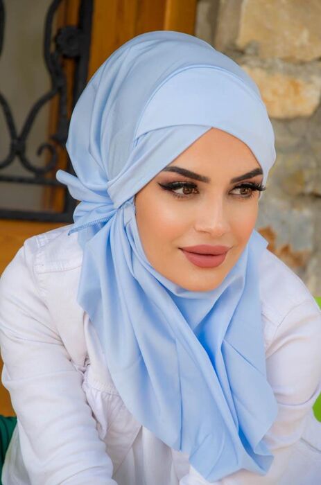 Bebe Mavi Çapraz Bantlı Medium Size Hijab - Hazır Şal
