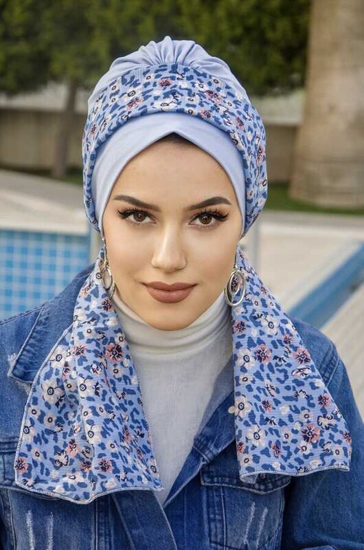 Bebe Mavi Çiçek Fularlı Bone - Thumbnail