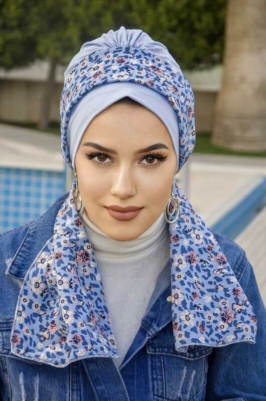 Bebe Mavi Çiçek Fularlı Bone