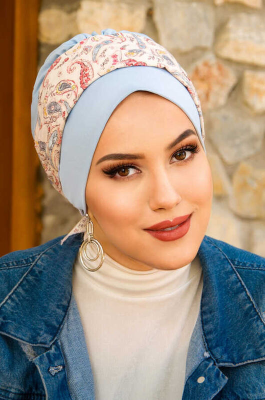 Bebe Mavi Ekru Etnik Desen Bantlı Bone
