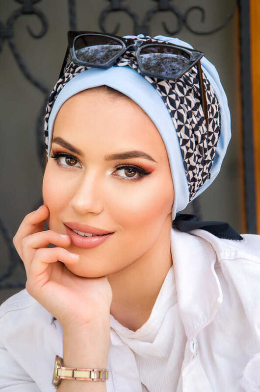Bebe Mavi Mozaik Desen Bantlı Bone