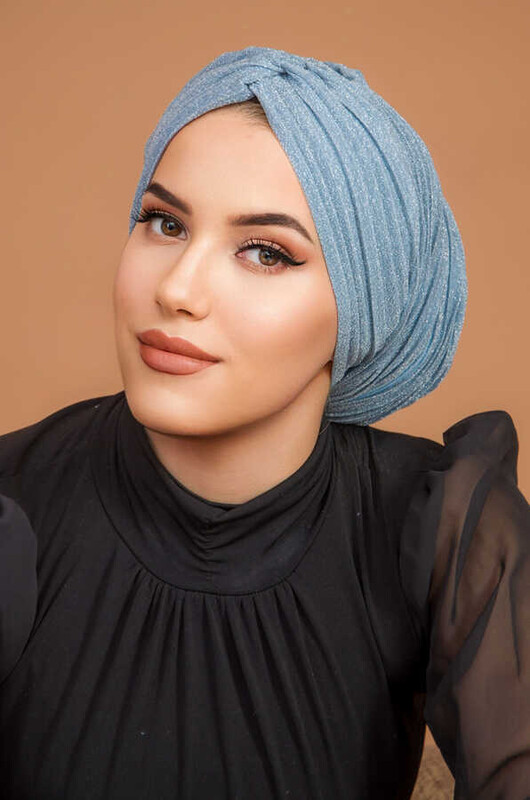 Bebe Mavi Piliseli Kelebek Model Büzgülü Abiye Bone Şal - Thumbnail
