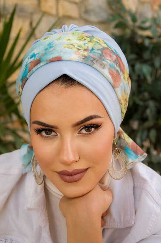 Bebe Mavi Soft Desen Bantlı Bone - Thumbnail
