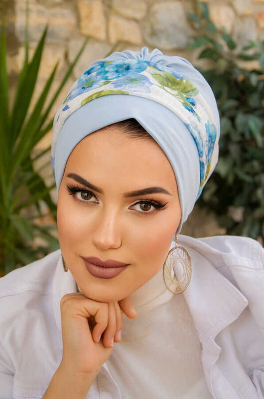 Bebe Mavi Yaprak Desen Bantlı Bone