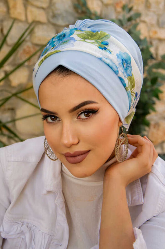 Bebe Mavi Yaprak Desen Bantlı Bone