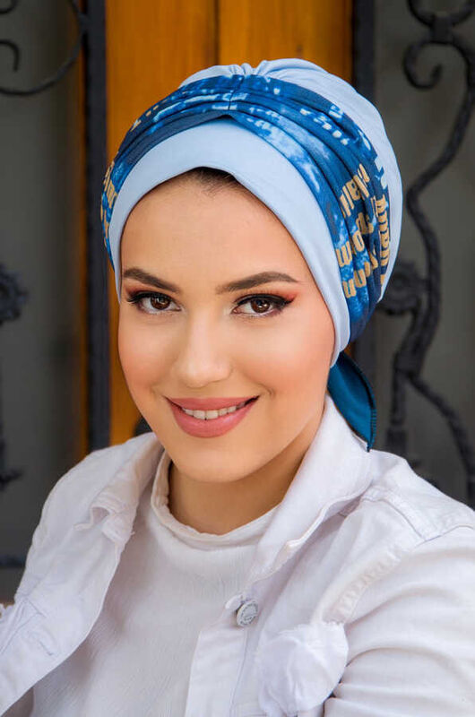 Bebe Mavi Yazı Desen Bantlı Bone