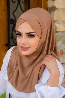 Bej Çapraz Bantlı Medium Size Hijab - Hazır Şal - Thumbnail