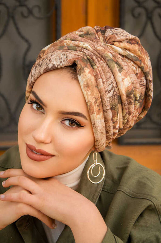 Bej Haki Desen Tokalı Bone
