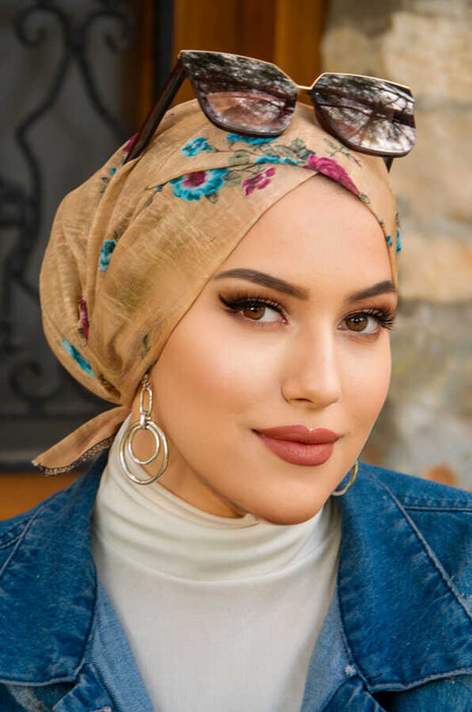 Bej Mavi Çiçekli Çapraz Bantlı Bone - Thumbnail