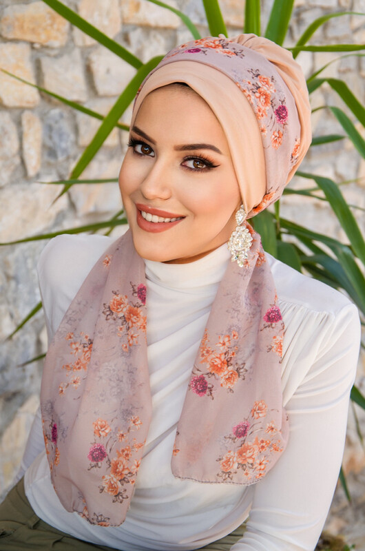 - Bej Soft Çiçek Desenli Fularlı Bone