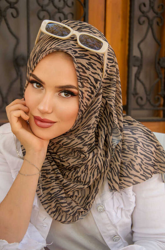 Bej Zebra Desenli Double Şal