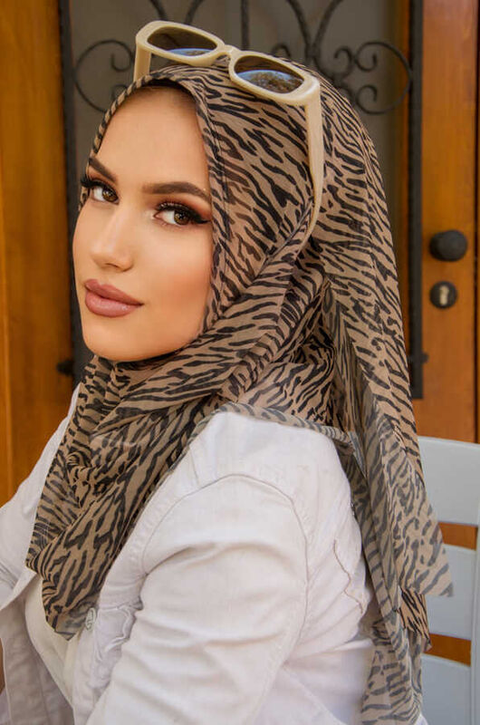 Bej Zebra Desenli Double Şal