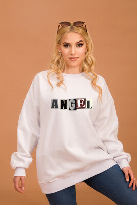 Aişe Tesettür - Beyaz Angel Baskılı Oversize Sweatshirt