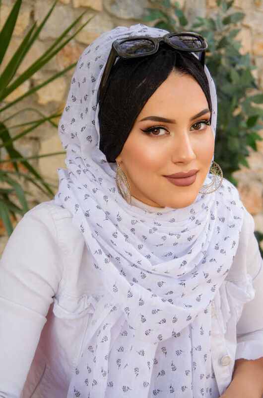 Beyaz Çiçekli Koton Bandana Şal - 50100