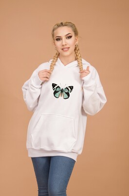 Aişe Tesettür - Beyaz Kelebek Baskılı Kapüşonlu Oversize Sweatshirt