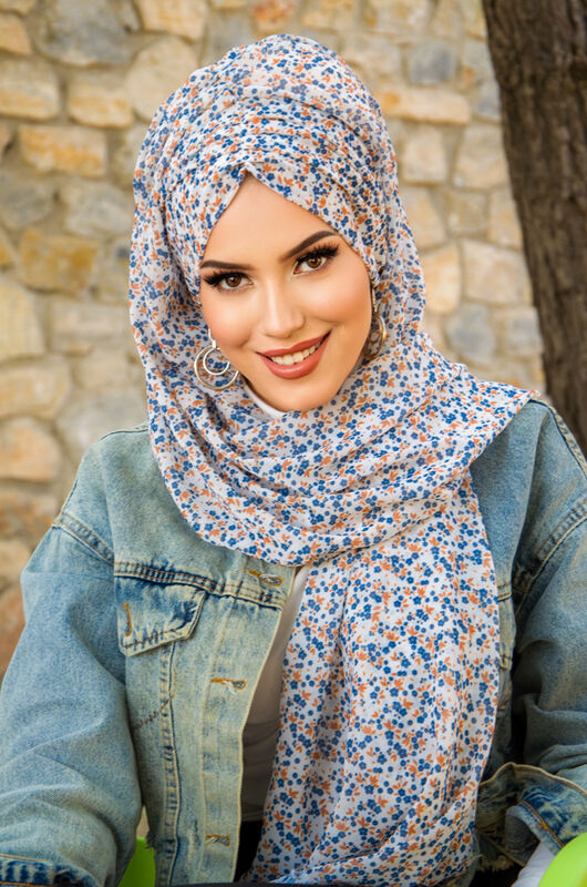 Beyaz Mavi Taba Çiçek Desen Hazır Şal