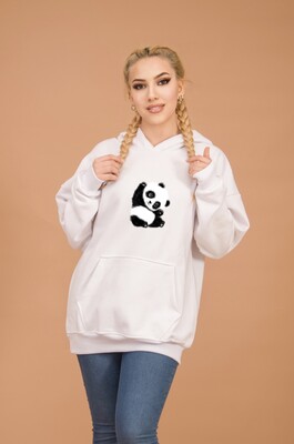 Aişe Tesettür - Beyaz Panda Baskılı Kapüşonlu Oversize Sweatshirt