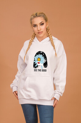 Aişe Tesettür - Beyaz Papatya Baskılı Kapüşonlu Oversize Sweatshirt
