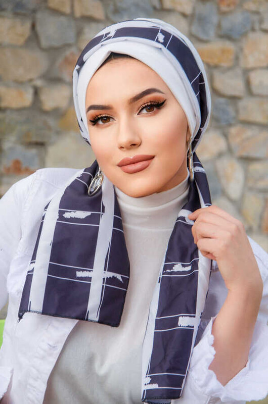 Beyaz Desen Fularlı Bone - Thumbnail