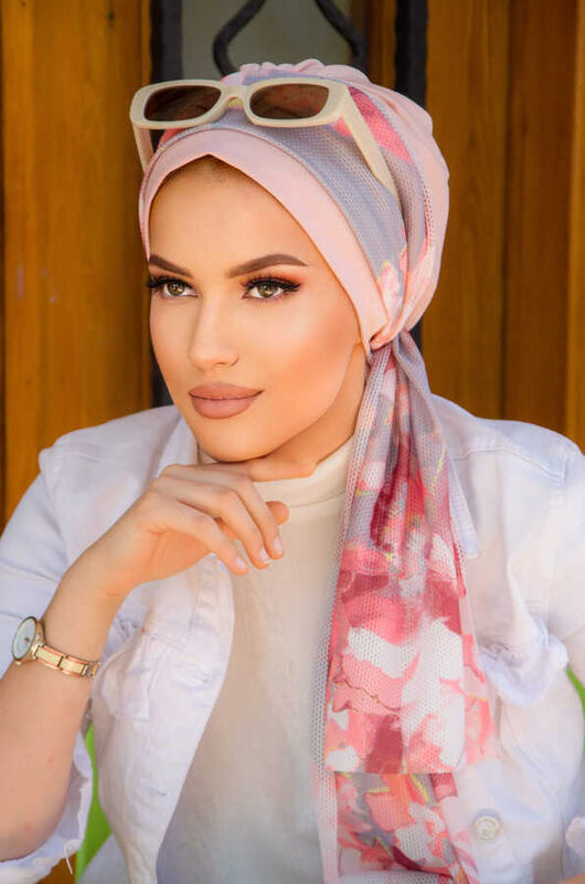 Beyaz Pudra Batik Fularlı Bone-40602