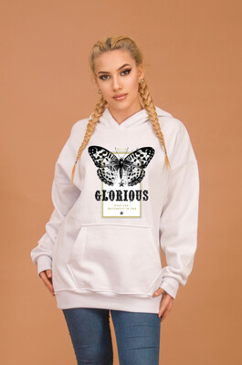 Aişe Tesettür - Beyaz Siyah Baskılı Kapüşonlu Oversize Sweatshirt