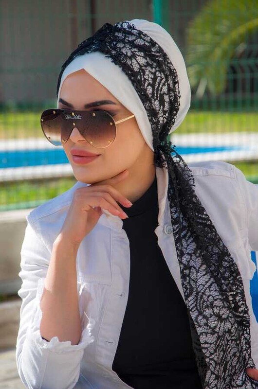 Beyaz Siyah Dantel Fularlı Bone-40602 - Thumbnail