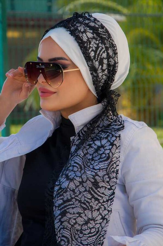 Beyaz Siyah Dantel Fularlı Bone-40602 - Thumbnail