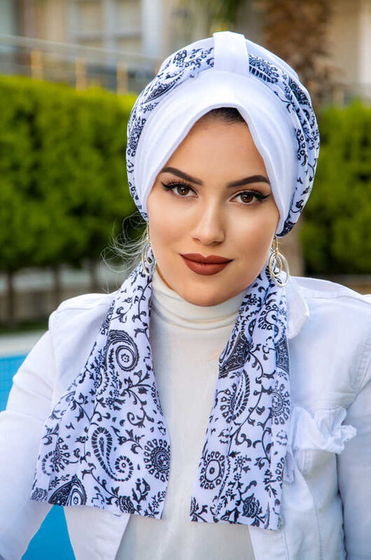 Beyaz Siyah Desen Fularlı Şapka Bone - Thumbnail
