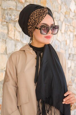 Black Leopard Bandana Ready Made Shawl Hijab - Thumbnail