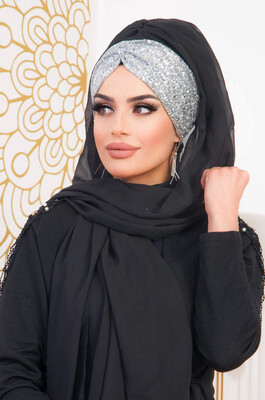 Aişe Tesettür - Black Silver Ready Made Abaya Shiny Shawl Hijab