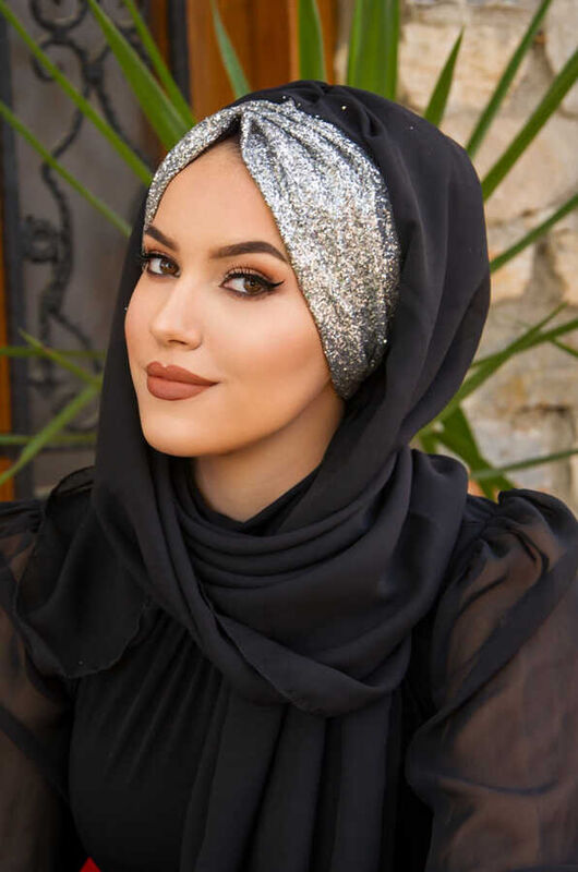 Black Silver Ready Made Abaya Shiny Shawl Hijab