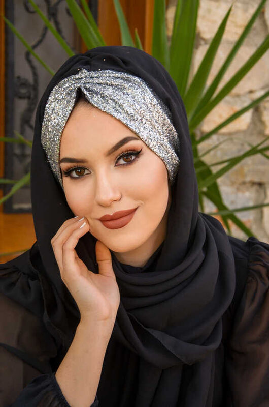Black Silver Ready Made Abaya Shiny Shawl Hijab