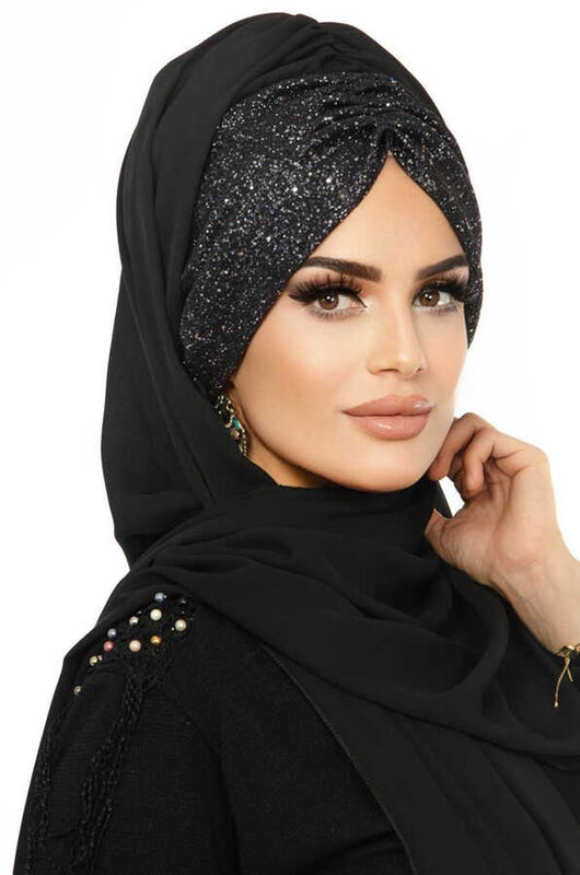 Black Siphon Sequined Bonned Hijab