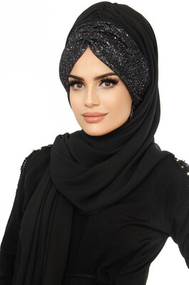 Aişe Tesettür - Black Siphon Sequined Bonned Hijab