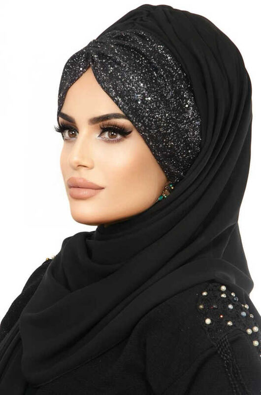 Black Siphon Sequined Bonned Hijab