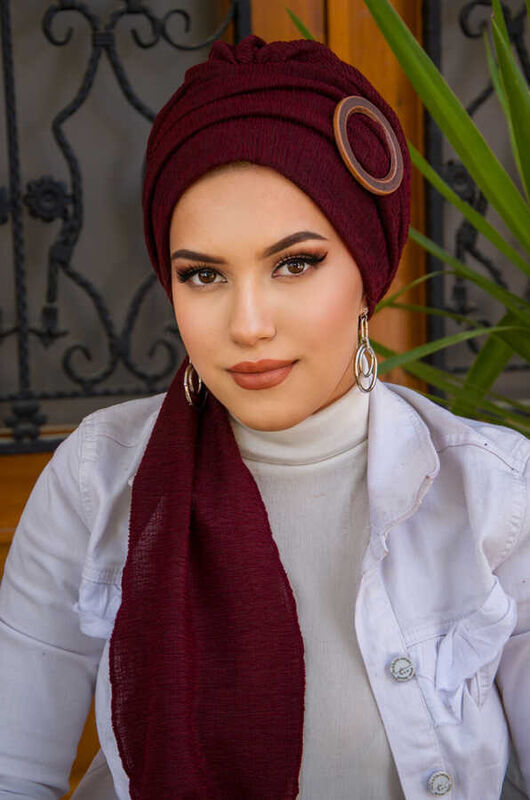 Bordo Ahşap Tokalı Atkılı Bone