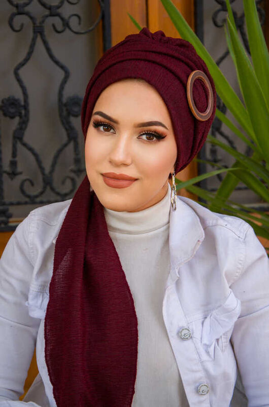 Bordo Ahşap Tokalı Atkılı Bone