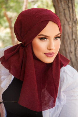 Aişe Tesettür - Bordo Bürümcük Çapraz Bantlı Medium Size Hijab - Hazır Şal