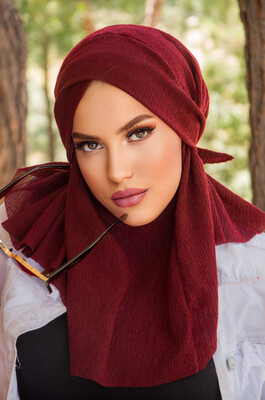 Aişe Tesettür - Bordo Bürümcük Çapraz Bantlı Medium Size Hijab - Hazır Şal (1)