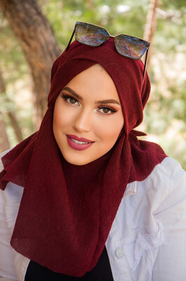 Bordo Bürümcük Çapraz Bantlı Medium Size Hijab - Hazır Şal - Thumbnail