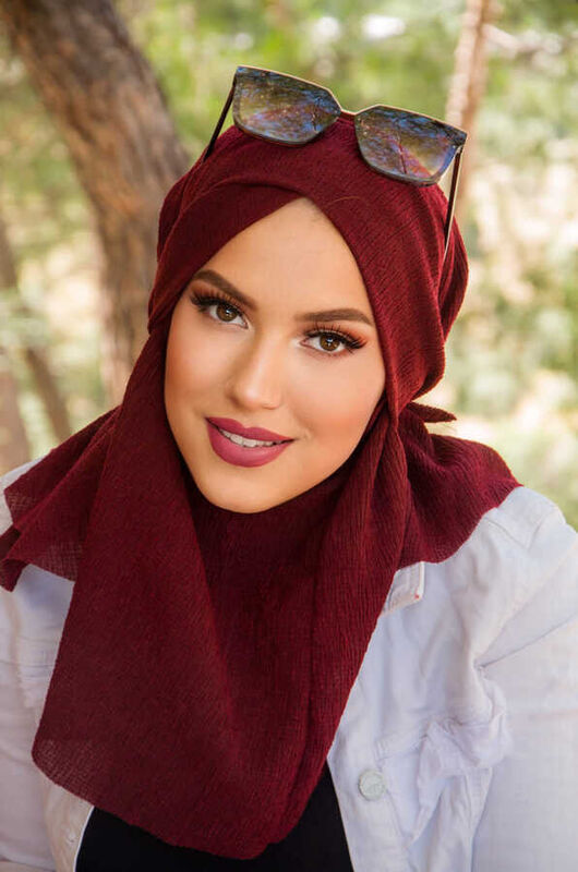 Bordo Bürümcük Çapraz Bantlı Medium Size Hijab - Hazır Şal